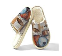 Women's Slip on Fuzzy Slippers Non-Slip Indoor House Slippers Home Shoes | Guitar Drum Musical Notes Musical Instrument Soft Closed Toe Washable Slippers Lightweight For Bedroom Hotel Travel Spa