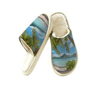 Women's Slip on Fuzzy Slippers Non-Slip Indoor House Slippers Home Shoes | Ocean Beach Palm Trees Tropical Island Seaside Soft Closed Toe Washable Slippers Lightweight For Bedroom Hotel Travel Spa