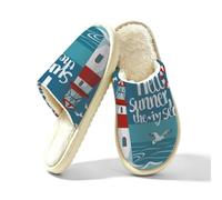 Women's Slip on Fuzzy Slippers Non-Slip Indoor House Slippers Home Shoes | Watercolors With Gull Lighthouse Nautical Theme Soft Closed Toe Washable Slippers Lightweight For Bedroom Hotel Travel Spa