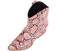 Womens Slip On Heeled Faux Leather Snake Effect Cowboy Ankle Boots - Pink - UK 6 / EU 39