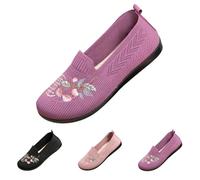 Women's Slip On Knitting Flats Wide Fit Trainers Flower Embroidered Loafers, Mary Jane Breathable Comfy Walking Shoes Non Slip Memory Foam Nurse Shoes Casual Soft Sole Sneakers Purple