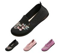 Women's Slip On Knitting Flats Wide Fit Trainers Flower Embroidered Loafers, Mary Jane Breathable Comfy Walking Shoes Non Slip Memory Foam Nurse Shoes Casual Soft Sole Sneakers Black