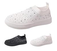 Womens Slip On Loafers Breathable Mesh Walking Shoes Air Cushion Comfortable Lightweight Anti-Slip Sports Shoes with Fashion Rhinestone Glitter Athletic Running Sneaker Size 4.5 White