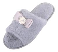 Womens Slip On Open Toe Smooth Faux Fur Indoor Flip Flop Slippers with Bow Design - Grey - Medium (UK 5-6)