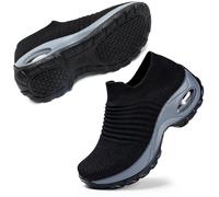 Womens Slip On Platform Tennis Sneaker Wide Fit Platform Wedge Shoes Comfortable Flexible Casual Shoes Black UK 8(1839hei42), Black, 8 UK