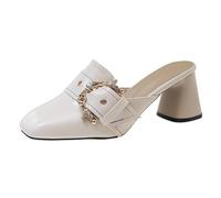 Women's Slip-On Pumps with Block Heel Closed Front Clogs with Heel Square Sling Pumps Lace Loafers High Heels Casual Evening Shoes Chunky Heel Mules, beige, 2/2.5 UK