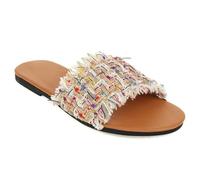 Women's Slip On Sandals Lightweight Flat Heel Plaid Patchwork Round Toe Slide Slippers Casual Summer Shoes for City Walking & Travel,Flour,4 UK