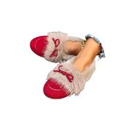 Women's Slip On Suede Loafers Winter Warm Fleece Lined Flat Shoes Round Toe Business Casual Work Flats Walking Loafer Cozy Indoor Outdoor Slippers Plush Non-Slip Cotton Driving Shoes (Red, 4)