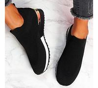 Womens Slip On Trainers Air Cushion Athletic Sneakers Fashion Platform Leather Mesh Sport Shoes Breathable Running for Flat Feet Plantar Fasciitis UK Size Black
