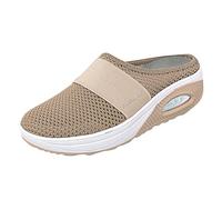 Womens Slip On Trainers Backless Mules Ladies Lightweight Honeycomb Mesh Walking Shoes Air Cushion Wedge Sole Fashion Strap Athletic Footwear for Summer Travel Nursing Daily Casual Easy Khaki