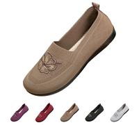 Women's Slip On Trainers Knitting Mary Jane Shoes Flower Embroidered Loafers, Breathable Comfy Walking Shoes Non Slip Memory Foam Nurse Shoe Casual Soft Sole Sneakers Size 7.5 Brown