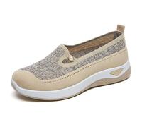 Womens Slip On Trainers Lace-Up Casual Shoes Synthetic Textile Walking Mesh Sport Breathable Running Sneakers Air Cushion Arch Support Fashion Ladies Beige