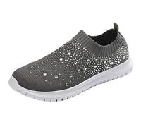 Womens Slip On Trainers with Rhinestones Lightweight Comfortable Mesh Walking Sneaker with Memory Foam Plantar Fasciitis Slip-On Sneakers Gym Plain Swollen Or Sensitive Feet Footwear for Daily Grey