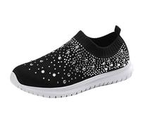 Womens Slip On Trainers with Rhinestones Lightweight Comfortable Mesh Walking Sneaker with Memory Foam Plantar Fasciitis Slip-On Sneakers Gym Plain Swollen Or Sensitive Feet Footwear for Daily Black