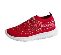 Womens Slip On Trainers with Rhinestones Lightweight Comfortable Mesh Walking Sneaker with Memory Foam Plantar Fasciitis Slip-On Sneakers Gym Plain Swollen Or Sensitive Feet Footwear for Daily Red