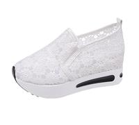 Women's Slip-on Walking Shoes Cushion Non Slip Comfortable Platform Shoe Floral Mesh Embroidered Lightweight Flats Travel Work Boho Business Sneakers (White, 5)