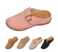Womens Slip On Wedge Mules,Flat Slides For Women Lightweight Closed Toe Slingback Sandals With Adjustable Buckle & Stitched Edge Detail Non-Slip Comfy Plantar Summer Slippers For Daily Wear