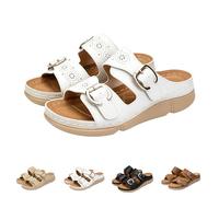 Womens Slip On Wedge Sandals, Summer Slides For Women, Adjustable Buckle Cut-Out Sandals, Casual Open Toe Footwear, Double Strap Casual Slides With Contrast Stitching For Street Wanders