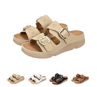Womens Slip On Wedge Sandals, Summer Slides For Women, Adjustable Buckle Cut-Out Sandals, Casual Open Toe Footwear, Double Strap Casual Slides With Contrast Stitching For Street Wanders