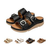 Womens Slip On Wedge Sandals, Summer Slides For Women, Adjustable Buckle Cut-Out Sandals, Casual Open Toe Footwear, Double Strap Casual Slides With Contrast Stitching For Street Wanders