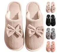 Women's Slip-On Winter Slippers, Cozy & Warm Bedroom Slippers for Women Chic Bow Indoor Shoes with Non-Slip EVA Sole (Beige,8-9 UK)