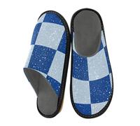Women's Slipper Home Slippers For Women Indoor Memory Foam Fuzzy Slippers Womans House Bed, Fake Glitter Checkerboard Squares White Blue, 5.5/6