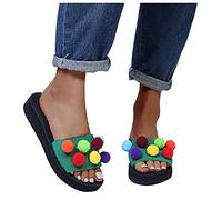 Women's Slippers Large Size Candy Color Fur Ball One-word Sandals and Slippers Women's Summer Fashion Wear Wedges Beach Sandals (Color : Pink Size : 42) (Green 39)