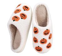 Women's Slippers Size 7 Halloween Cute Pumpkin Warm Winter Slippers Ladies Slip on Shoes Halloween Soft Comfy Fuzzy Memory Foam Home Shoes for Indoor and Outdoor White