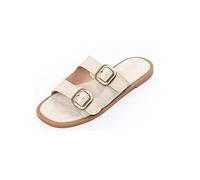 Womens Slippers Summer Fashion Double Buckle Strap Leather Sandals Women Soft Walking Slippers Casual Beach Shoes