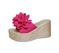 Women's Slippers Summer Fashion Slope Heel Thick Bottom Super High Heel Platform Flower One Word Women's Drag Sandals, Hot Pink, 8 UK