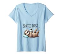 Women's Sloffee First Sloth Coffee Lover Funny Morning Brew V-Neck T-Shirt
