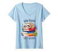 Womens Sloth Book Lover, Funny Reading, Slow Reader Fast Sleeper V-Neck T-Shirt