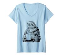 Women's Sloth Coffee Lover Vintage Engraving Funny Animal V-Neck T-Shirt