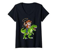 Womens Sloth Cowboy Riding T-Rex Dinosaur Funny Sloth V-Neck T-Shirt
