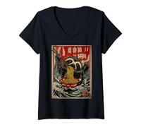 Women's Sloth Eating Ramen Noodles Japanese Ukiyo-e Style Art V-Neck T-Shirt