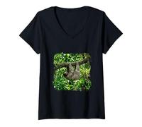 Women's Sloth Jungle Tree Hanging Wildlife Tropical Forest Scene V-Neck T-Shirt