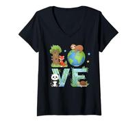 Women's Sloth Panda Bear Fox Tree Planet Environmentalist Earth Day V-Neck T-Shirt