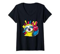 Women's Sloth Peace Graffiti Pop Character Graphic Art Sign Gesture V-Neck T-Shirt