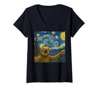 Womens Sloth Selfie Inside Van Gogh's Starry Night Art Lover V-Neck T-Shirt