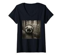 Womens Sloth Selfie with Aliens Funny V-Neck T-Shirt