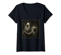 Women's Sloth Selfie with Bigfoot Alien UFO Funny Sasquatch V-Neck T-Shirt