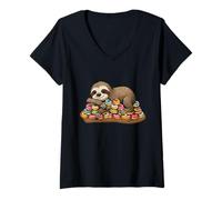 Womens Sloth Sleeping On Donuts Funny Food Lover Kids Family V-Neck T-Shirt