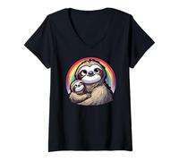 Womens Sloths and Rainbow Mama Sloth V-Neck T-Shirt