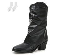 Women's Slouch Boots in A Leather Look, Fashionable Mid-Calf Ankle Boots with A Comfortable Block Heel And Non-Slip Sole, Soft Autumn Winter Boots for Everyday Wear And Leisure,Black,40