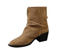 Womens Slouch Boots Mid Calf Faux Suede Block Heel Western Booties | Ladies Ruched Slip on Pointed Toe Chunky Casual Autumn Winter Outdoor Walking Travel Festival Country Riding Daily Trip