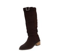 Womens Slouch Knee High Boots Ladies Suede Booties Low Heel Footwear | with Top Buckle Strap Pull on Closed Toe Autumn Winter Shoes Casual Outdoor Walking Wear Western Style Vintage Riding Design