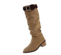 Womens Slouch Knee High Boots Ladies Suede Booties Low Heel Footwear | with Top Buckle Strap Pull on Closed Toe Autumn Winter Shoes Casual Outdoor Walking Wear Western Style Vintage Riding Design