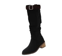 Womens Slouch Knee High Boots Ladies Suede Booties Low Heel Footwear | with Top Buckle Strap Pull on Closed Toe Autumn Winter Shoes Casual Outdoor Walking Wear Western Style Vintage Riding Design
