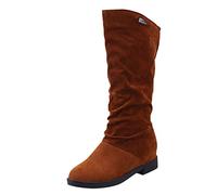 Women's Slouch Ruched Knee High Boots Faux Suede Round Toe Flat