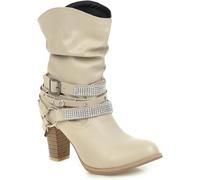 Women's Slouchy Chunky High Heel Mid Calf Ankle Boots Round Toe Stacked Short Boots Fashion Rhinestone Belt Buckle Punk Motorcycle Booties (Beige,5)